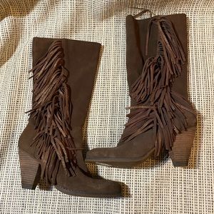 Reba McEntire Leather Cowgirly Boots  w/Metallic Fringe, Brown size 9